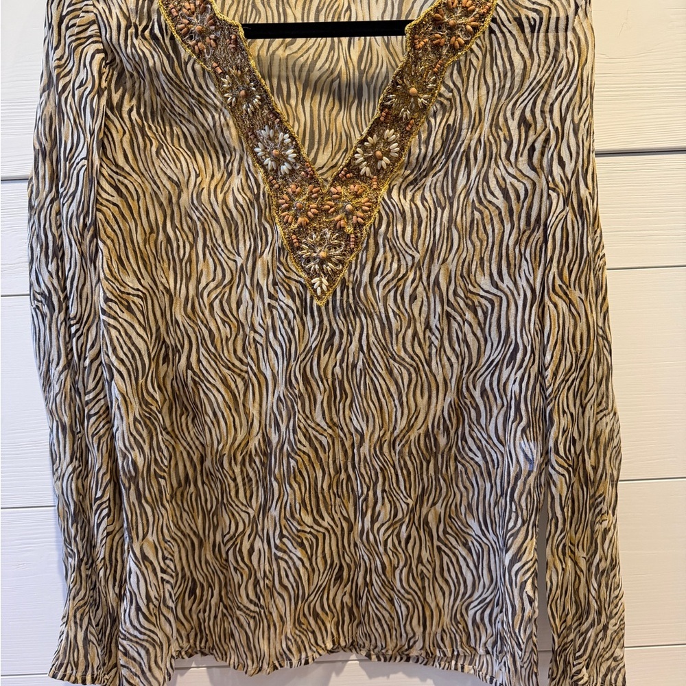 Cache Zebra Print Tunic Coverup with Gold Accents